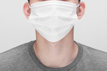 Young men with face mask isolated on white background to prevent coronavirus & PM 2.5 air pollution, Men demonstrate how to wear virus protective face mask, Coronavirus 2019-nCoV from China.