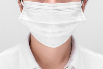 Young woman with face mask isolated on white background to prevent coronavirus & PM 2.5 air pollution, Woman demonstrate how to wear virus protective face mask.