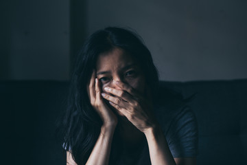 sad serious woman.depressed emotion panic attacks alone young people fear stressful.crying begging help.stop abusing domestic violence,person with health anxiety, bad frustrated exhausted feeling down