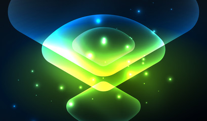 Glowing neon shiny transparent abstract geometric shapes with light effects. Techno futuristic vector abstract background For Wallpaper, Banner, Background, Card, Book Illustration, landing page