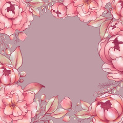 Pink flowers stylization, Peonies, sakura, apple tree, rose, Illustration procreate, Business card, Postcard, Copy space, Dark pink background