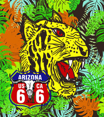 Tropical flower leaf background tiger head graphic design vector art