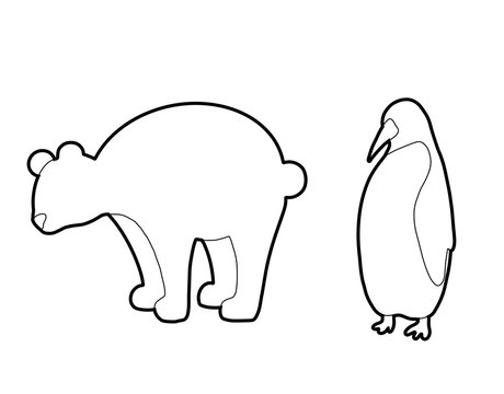 Set of outline Antarctic animals silhouettes. Polar bear and penguin isolated from the background. Vector contour object for articles, cards, icons and your design.