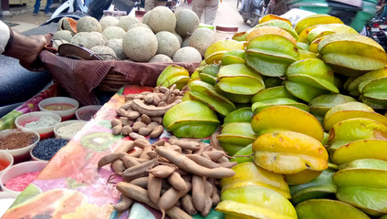 A bunch of star fruit or carambola to sell in local market. Green and yellow color give the unique deliciousness of this rare tropical fruit