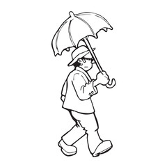 Isolated person walking with an open umbrella. Outline