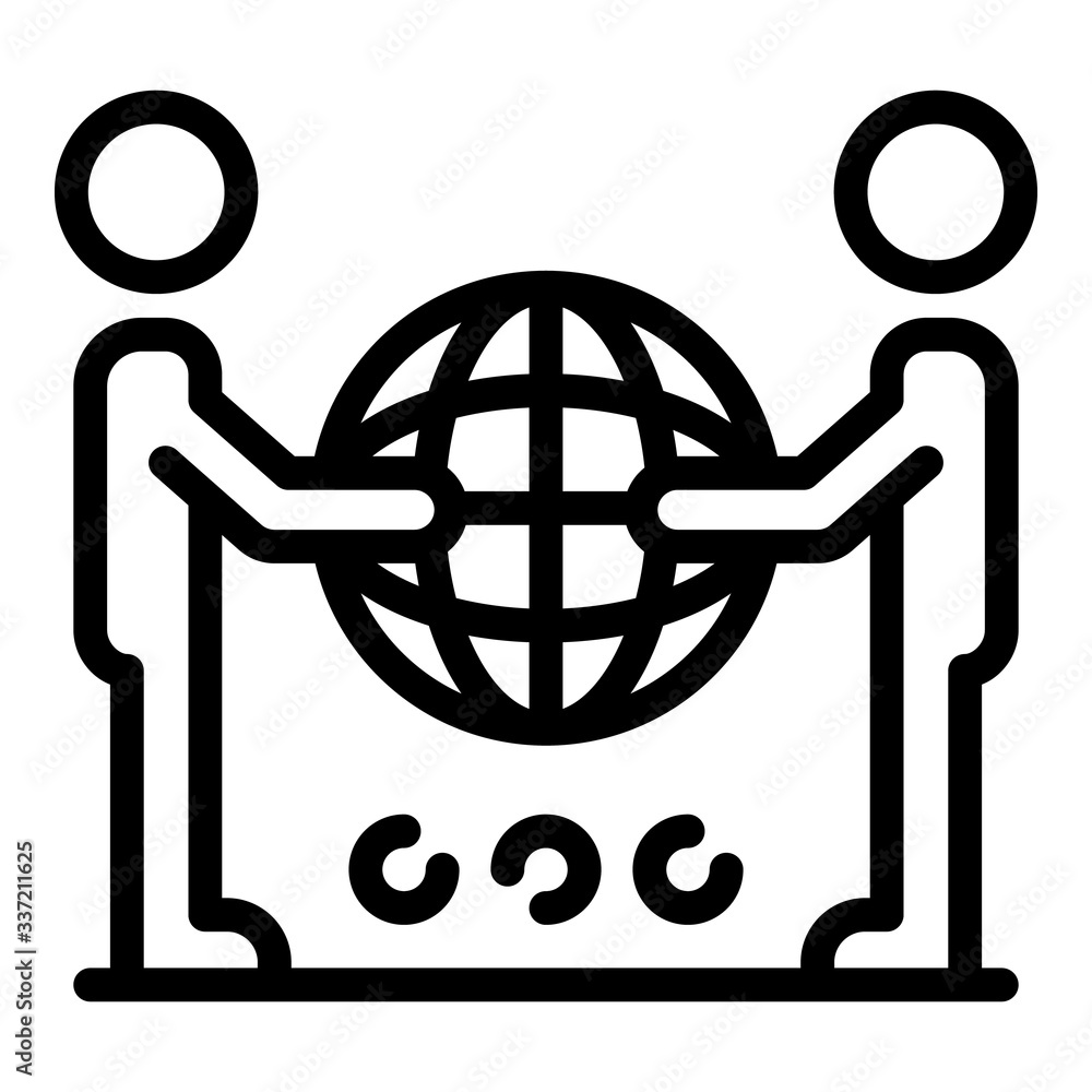 Poster two are holding a globe icon. outline two are holding a globe vector icon for web design isolated on