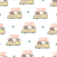 Kids baby pattern of animals driving a car in the white backdrop