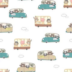 Wallpaper murals Animals in transport Kids baby pattern of animals driving a car in the white backdrop
