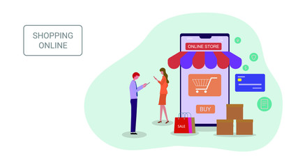 People are shopping online. Design for websites, landing pages, UI, mobile applications, posters, banners. Vector illustration flat design concept .