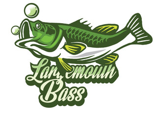 Illustration of a bass with fins, tail and open mouth