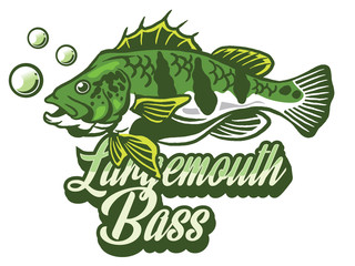 Illustration of a bass with fins, tail and open mouth