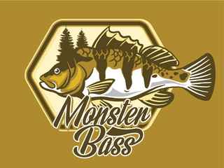 Illustration of a bass with fins, tail and open mouth