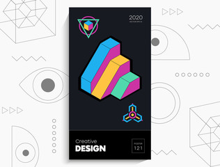 Abstract geometric poster. Geometric shapes, bright colors, elements on a black background. Creative bright digital vector for cover card, banner, poster.