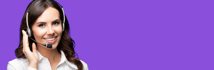 Call Center Service. Beautiful customer support or sales female agent. Caller or receptionist phone...