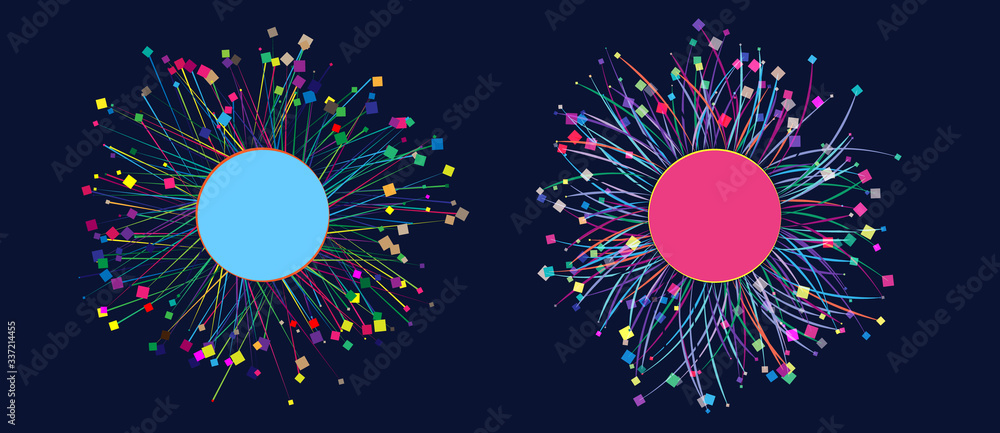 Poster Connecting many squares with circle in center via lines. Command concept or social connection.