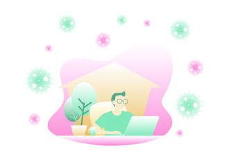 Coronavirus COVID-19 illustrations concept. man work from home to avoid viruses. Vector illustrate flat design.
