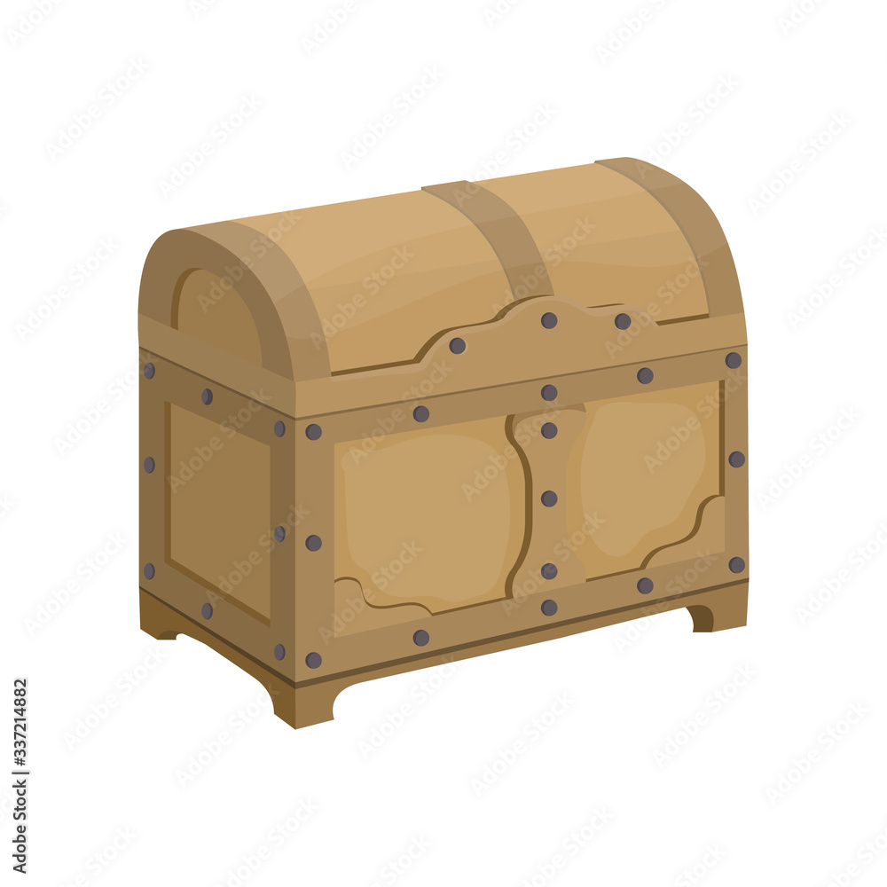 Wall mural vector illustration of a vintage wooden chest in cartoon style. large chest with a round lid for tre