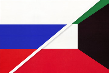 Russia vs State of Kuwait national flag from textile. Relationship and partnership between two countries.