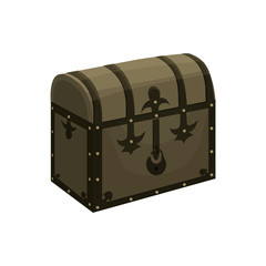 Vector illustration of a vintage wooden dark color chest in cartoon style. Large Chest with a round lid and metal upholstery For treasures and pirates, as well as for storing things or products