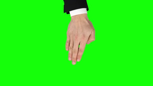 Man hand in black jacket and white shirt is performing 3x swipes left, right at tablet screen gesture. Close up