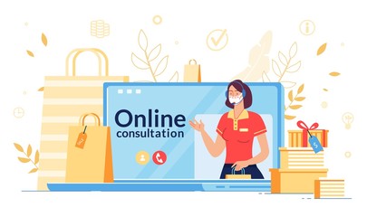 Online Consultation during Coronavirus Outbreak. Shop Assistant in Headset, Facemask Consulting Consumer about Discount, Sale, Bonus, Gift on Laptop Screen during Covid19 Pandemic. Technical Support