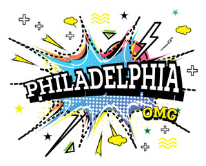 Philadelphia Comic Text in Pop Art Style Isolated on White Background.