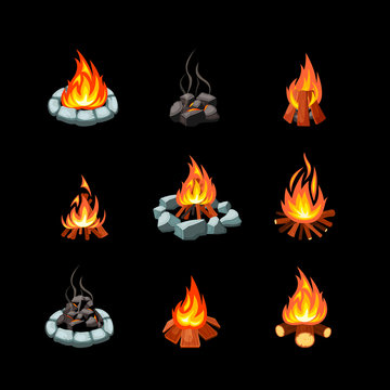 campfire. collection pictures of glowing flame from bonfire tourism outdoor symbols natural forest fire places. Vector cartoon set