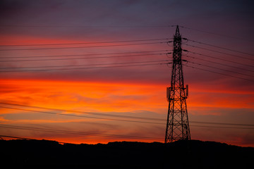夕焼と鉄塔