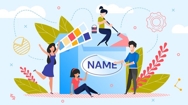 Brand Name Creation. Team Workflow Process. Woman Designer Working on Design. Man Marketer Changing Product Logotype. Rebranding. Awareness and Recognition Increase. Metaphor Vector Illustration