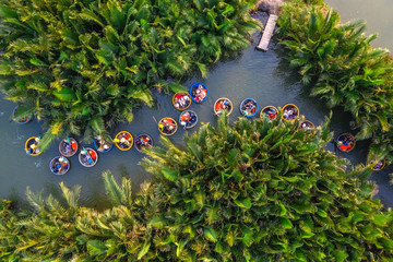 Aerial view, tourists from China, Korea, America and Russia are relax and experiencing a basket...