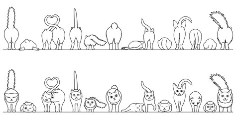 various cute cats border in a row, front view and rear view