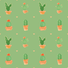 cute seamless pattern with succulent plant. watercolour textured effect drawing design elements. springtime, summer cactus wallpaper, background, backdrop illustration.botany, natural seamless pattern
