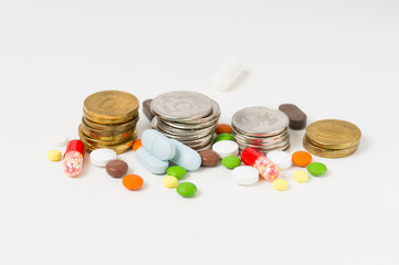 coins and medicines, the concept of the cost of treatment