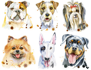 Fototapeta premium Set of watercolor portraits of dogs for decoration