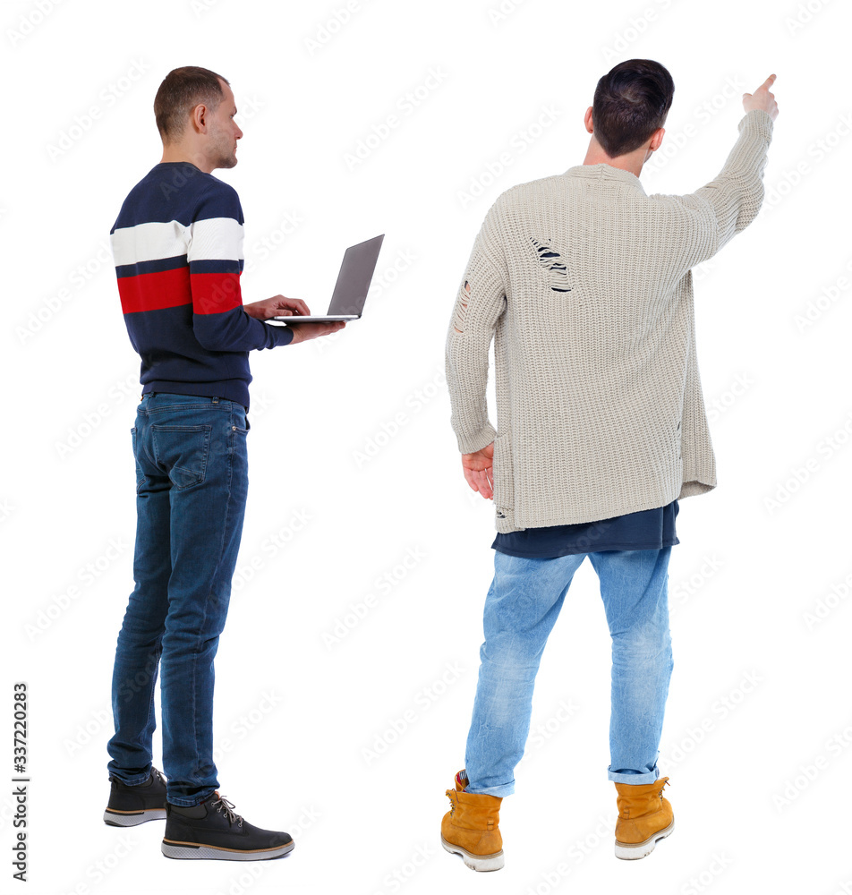 Canvas Prints Back view two man in sweater with laptop.