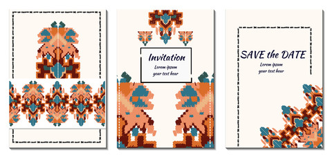 Cover greeting design. Modern template with ikat ornament for wedding design or greeting card any purpose.