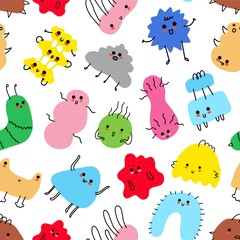 Doodle modèle sans couture de petits monstres. Petites créatures colorées mignonnes avec des émotions de visage gaies