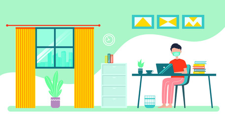 Flat illustration of character working on computer at home for prevention from corona virus Premium Vector
