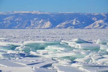Fototapeta na wymiar Natural landscape of frozen Lake Baikal ,Siberia, Russia in winter