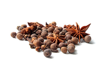 On white background anise, black pepper, allspice. Healthy eating concept. Background to insert text or spice catalog