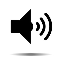 Black audio speaker volume or music speaker volume on line art icon isolated on white backgeound with shadow for apps and websites. Vector illustration EPS10