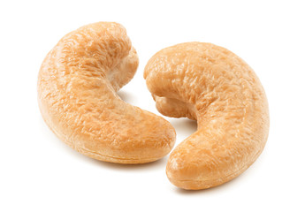 Double cashew nuts isolated on white background. Package design element with clipping path