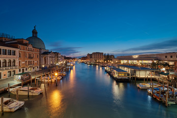 VENICE, ITALY February 16 , 2020 Panoramic sunset view. View of the Grand Canal from the Bridge of the Barefoot (Ponte degli Scalzi).
