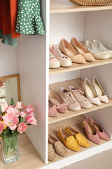 Stylish female shoes on shelves in wardrobe