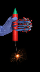 Coronavirus molecule tied to a rocket to expel it away.