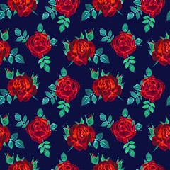 Roses soft red flowers and leaves, hand painted watercolor illustration, seamless pattern design on dark blue background