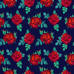 Roses soft red flowers and leaves, hand painted watercolor illustration, seamless pattern design on dark blue background