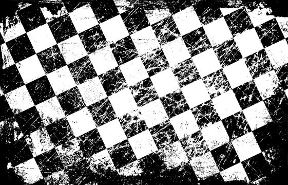 Checkered Grunge Black White Pattern. Scratched Rough Background. Shabby Old Texture.