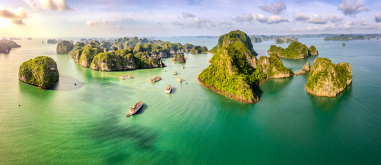 Aerial view Vung Vieng floating fishing village and rock island, Halong Bay, Vietnam, Southeast...