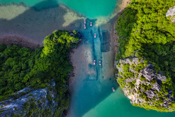 Aerial view Vung Vieng floating fishing village and rock island, Halong Bay, Vietnam, Southeast...